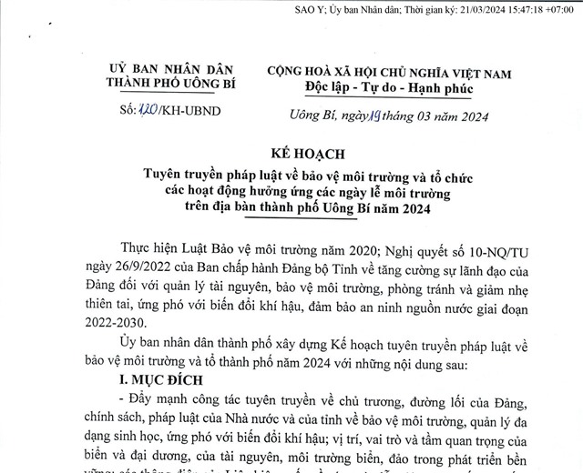 Kế hoạch tuyên truyền pháp luật về bảo vệ môi trường và tổ chức các hoạt động hưởng ứng các ngày lễ môi trường trên địa bàn thành phố Uông Bí năm 2024