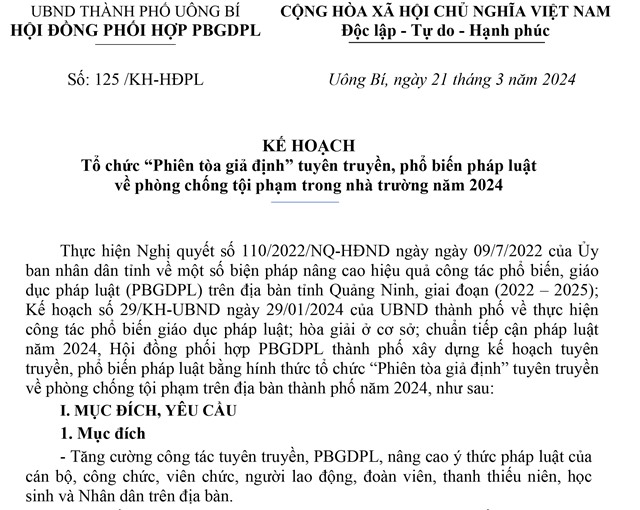 Kế hoạch Tổ chức “Phiên tòa giả định” tuyên truyền, phổ biến pháp luật về phòng chống tội phạm trong nhà trường năm 2024