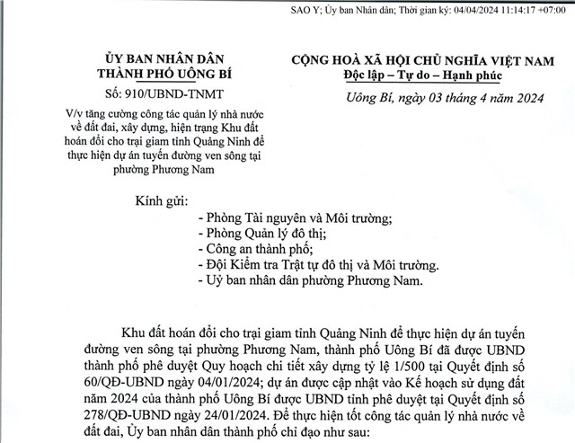 Tăng cường công tác quản lý nhà nước về đất đai, xây dựng, hiện trạng Khu đất hoán đổi cho trại giam tỉnh Quảng Ninh để thực hiện dự án tuyến đương ven sông tại phường Phương Nam.