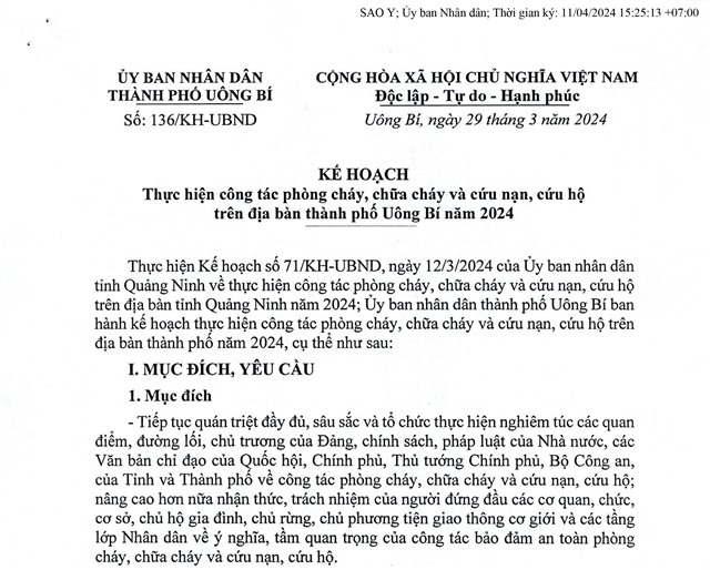 Kế hoạch thực hiện công tác phòng cháy, chữa cháy và cứu nạn, cứu hộ trên địa bàn thành phố Uông Bí năm 2024