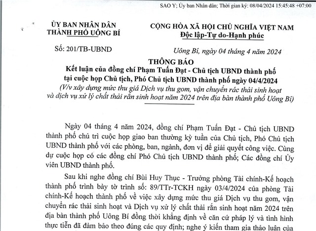 Thông báo kết luận của đồng chí Phạm Tuấn Đạt - Chủ tịch UBND thành phố tại cuộc họp Chủ tịch, Phó Chủ tịch UBND thành phố ngày 04/4/2024 