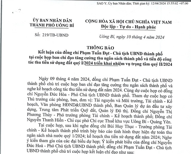 Thông báo kết luận của đồng chí Phạm Tuấn Đạt - Chủ tịch UBND thành phố tại cuộc họp ban chỉ đạo tăng cường thu ngân sách thành phố và tiến độ công tác thu tiền sử dụng đất quý I/2024....