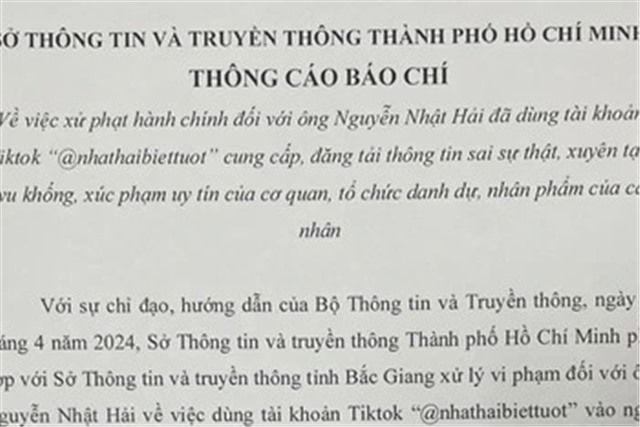 Phạt TikToker 7,5 triệu đồng vì đăng tải thông tin sai sự thật