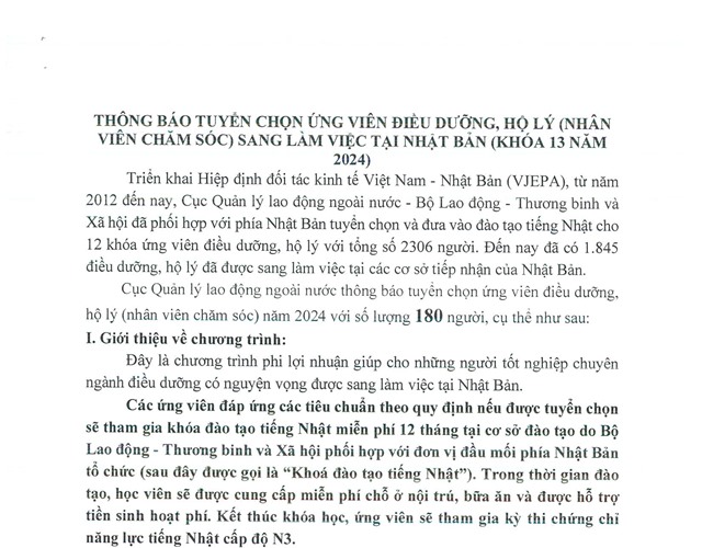 Thông báo tuyển chọn ứng viên điều dưỡng, hộ lý (nhân viên chăm sóc) sang làm việc tại Nhật Bản (khóa 13 năm 2024)