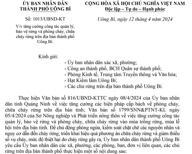 Tăng cường công tác quản lý, bảo vệ rừng và phòng cháy, chữa cháy rừng trên địa bàn thành phố Uông Bí