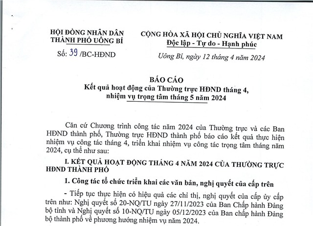 Báo cáo kết quả hoạt động của Thường trực HĐND tháng 4, nhiệm vụ trọng tâm tháng 5 năm 2024