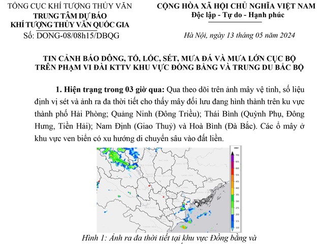 Tin cảnh báo dông, tố, lốc, sét, mưa đá và mưa lớn cục bộ trên phạm vi Đài KTTV khu vực Đồng Bằng và Trung du Bắc Bộ 
