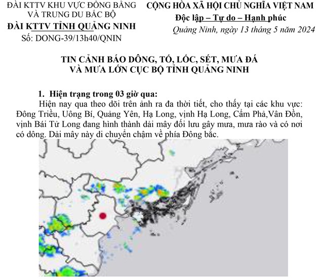 Tin cảnh báo dông, tố, lốc, sét, mưa đá và mưa lớn cục bộ tỉnh Quảng Ninh