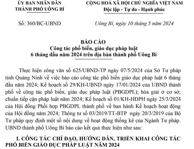 Báo cáo Công tác phổ biến, giáo dục pháp luật 6 tháng đầu năm 2024 trên địa bàn thành phố Uông Bí