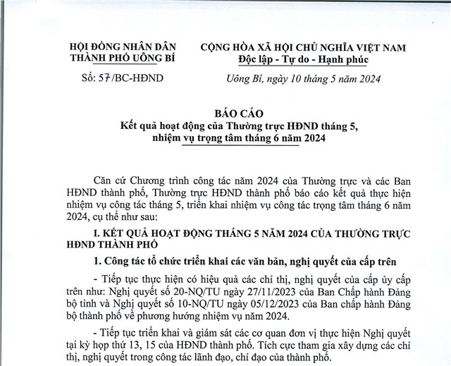 Báo cáo kết quả hoạt động của Thường trực HĐND tháng 5, nhiệm vụ trọng tâm tháng 6 năm 2024