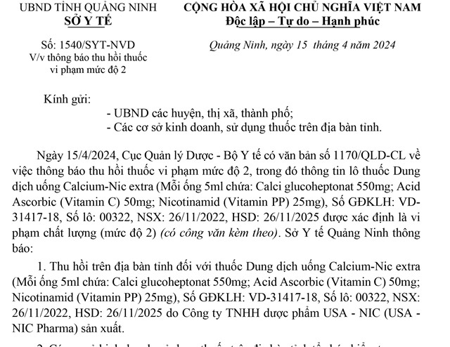 Thông báo thu hồi thuốc vi phạm mức độ 2