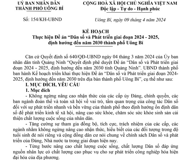 Kế hoạch thực hiện Đề án “Dân số và Phát triển giai đoạn 2024 - 2025, định hướng đến năm 2030" thành phố Uông Bí