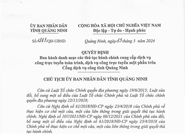 Ban hành danh mục các thủ tục hành chính cung cấp dịch vụ công trực tuyến toàn trình, dịch vụ công trực tuyến một phần trên Cổng dịch vụ công tỉnh Quảng Ninh.