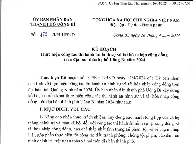 Kế hoạch thực hiện công tác thi hành án hình sự và tái hoà nhập cộng đồng trên địa bàn thành phố Uông Bí năm 2024