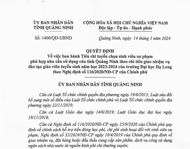 Ban hành Tiêu chí tuyển chọn sinh viên sư phạm phù hợp nhu cầu sử dụng của tỉnh Quảng Ninh theo chỉ tiêu giao nhiệm vụ đào tạo giáo viên tuyển sinh năm học 2023-2024 của Trường Đại học Hạ Long 