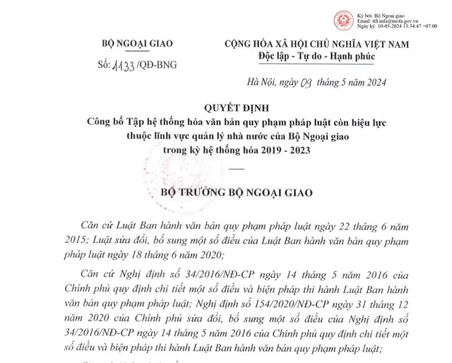 Quyết định công bố Tập hệ thống hóa văn bản quy phạm pháp luật còn hiệu lực thuộc lĩnh vực quản lý Nhà nước của Bộ Ngoại giao trong kỳ hệ thống hóa 2019-2023