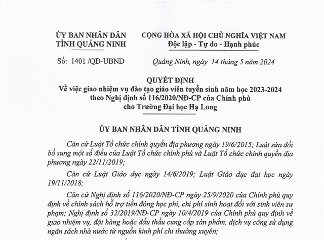 Quyết định về việc giao nhiệm vụ đào tạo giáo viên tuyển sinh năm học 2023-2024 theo Nghị định số 116/2020/NĐ-CP của Chính phủ cho Trường Đại học Hạ Long