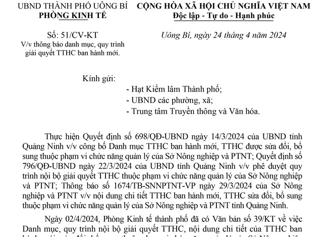  Thông báo danh mục, quy trình giải quyết TTHC ban hành mới