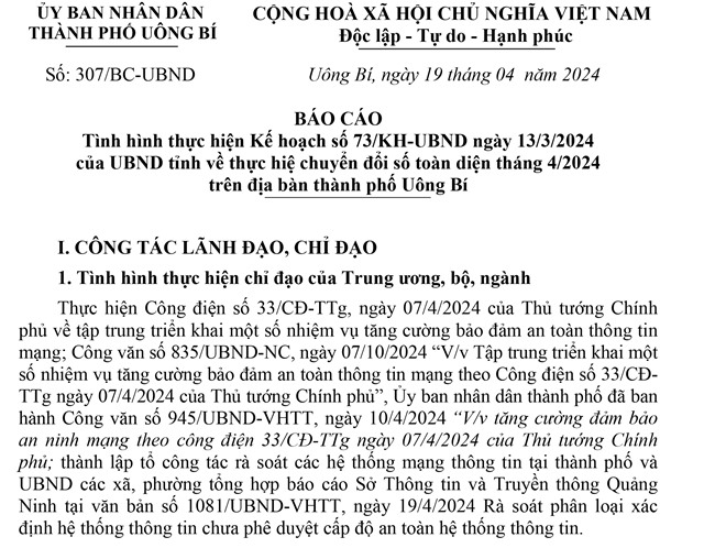 Báo cáo tình hình thực hiện Kế hoạch số 73/KH-UBND ngày 13/3/2024 của UBND tỉnh về thực hiện chuyển đổi số toàn diện tháng 4 năm 2024 trên địa bàn TP Uông Bí