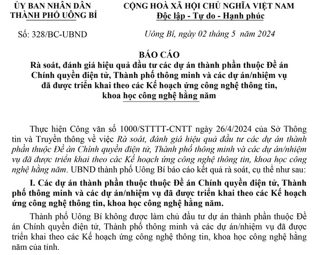 Báo cáo rà soát, đánh giá hiệu quả đầu tư các dự án thành phần thuộc Đề án Chính quyền điện tử, thành phố thông minh... đã được triển khai theo các Kế hoạch ứng công nghệ thông tin, khoa học công nghệ hằng năm