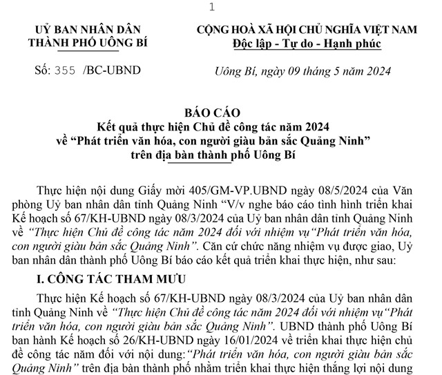 Báo cáo kết quả thực hiện Chủ đề công tác năm 2024 về "Phát triển văn hóa, con người giàu bản sắc Quảng Ninh" trên địa bàn thành phố Uông Bí