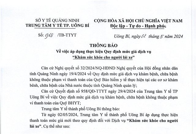 Thông báo về việc áp dụng thực hiện Quy định mức giá dịch vụ "Khám sức khỏe cho người lái xe"