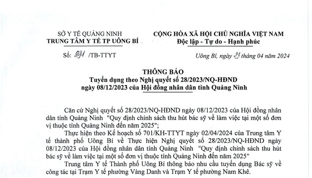 Thông báo tuyển dụng theo Nghị Quyết số 28/2023/NQ-HĐND ngày 08/12/2023 của Hội đồng nhân dân tỉnh Quảng Ninh