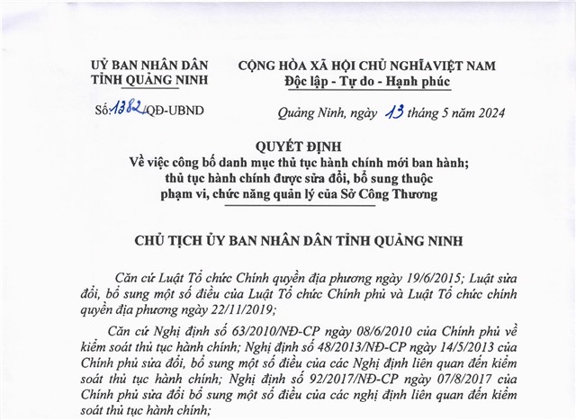 Công bố danh mục thủ tục hành chính mới ban hành; danh mục thủ tục hành chính được sửa đổi, bổ sung; phê duyệt quy trình nội bộ trong giải quyết thủ tục hành chính thuộc phạm vi, chức năng quản lý của Sở Công Thương