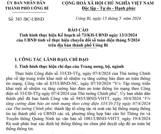 Báo cáo tình hình thực hiện Kế hoạch số 73/KH-UBND ngày 13/3/2024 của UBND tỉnh Quảng Ninh về thực hiện chuyển đổi số toàn diện tháng 5/2024 trên địa bàn thành phố Uông Bí