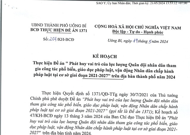 Kế hoạch thực hiện Đề án "Phát huy vai trò của lực lượng Quân đội nhân dân tham gia công tác phổ biến, giáo dục pháp luật, vận động nhân dân chấp hành pháp luật tại cơ sở giai đoạn 2021-2027" trên địa bàn thành phố năm 2024.