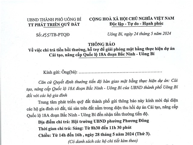 Thông báo về việc chi trả tiền bồi thường, hỗ trợ để giải phóng mặt bằng thực hiện dự án cải tạo, nâng cấp quốc lộ 18A đoạn Bắc Ninh-Uông Bí