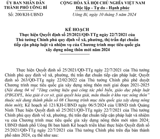 Kế hoạch thực hiện Quyết định số 25/2021/QĐ-TTg ngày 22/7/2021 của Thủ tướng Chính phủ quy định về xã, phường, thị trấn đạt chuẩn tiếp cận pháp luật và nhiệm vụ của Chương trình mục tiêu quốc gia xây dựng nông thôn mới năm 2024