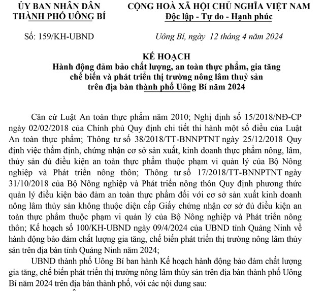 Kế hoạch Hành động đảm bảo chất lượng, an toàn thực phẩm, gia tăng chế biến và phát triển thị trường nông lâm thuỷ sản trên địa bàn thành phố Uông Bí năm 2024