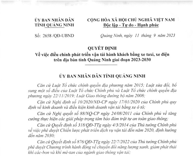 Quyết định về việc điều chỉnh phát triển vận tải hành khách bằng xe taxi, xe điện trên địa bàn tỉnh Quảng Ninh giai đoạn 2023-2030