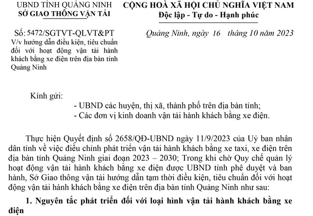 Hướng dẫn điều kiện, tiêu chuẩn đối với hoạt động vận tải hành khách bằng xe điện trên địa bàn tỉnh Quảng Ninh