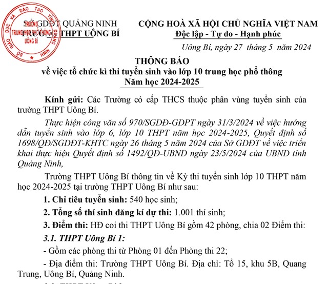 Thông báo về việc tổ chức kỳ thi tuyển sinh vào 10 trung học phổ thông Năm học 2024-2025