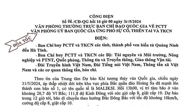Công điện của Văn phòng Thường trực Ban chỉ đạo Quốc gia về PCTT, Văn phòng Uỷ ban Quốc gia ứng phó sự cố, thiên tai và TKCN