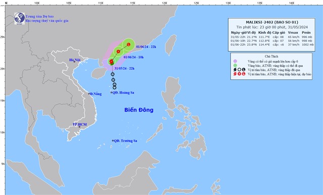 TIN BÃO TRÊN BIỂN ĐÔNG (CƠN BÃO SỐ 01) (cập nhật lúc 23h00 ngày 31/5/2024)