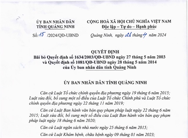 Quyết định bãi bỏ Quyết định số 1634/2023/QĐ-UBND ngày 27/5/2003 và Quyết định số 1081/QĐ-UBND ngày 28/5/2014 của UBND tỉnh Quảng Ninh