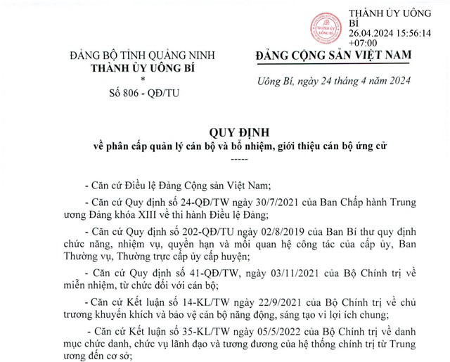 Quy định về phân cấp quản lý cán bộ và bổ nhiệm, giới thiệu cán bộ ứng cử