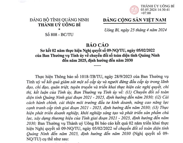 Báo cáo sơ kết 02 năm thực hiện Nghị quyết số 09-NQ/TU, ngày 05/02/2022 của Ban Thường vụ Tỉnh ủy về chuyển đổi số toàn diện tỉnh Quảng Ninh đến năm 2025, định hướng đến năm 2030