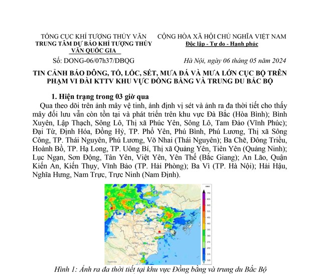 Tin cảnh báo dông, tố, lốc, sét, mưa đá và mưa lớn cục bộ trên phạm vi Đài KTTV khu vực đồng bằng và trung du Bắc Bộ