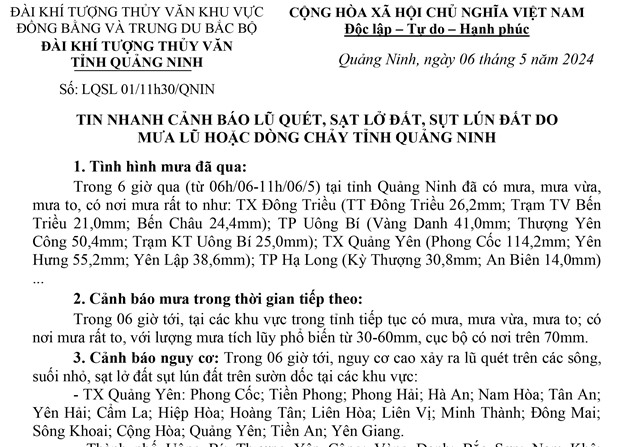Tin nhanh cảnh báo lũ quét, sạt lở đất, sụt lún đất do mưa lũ hoặc dòng chảy tỉnh Quảng Ninh