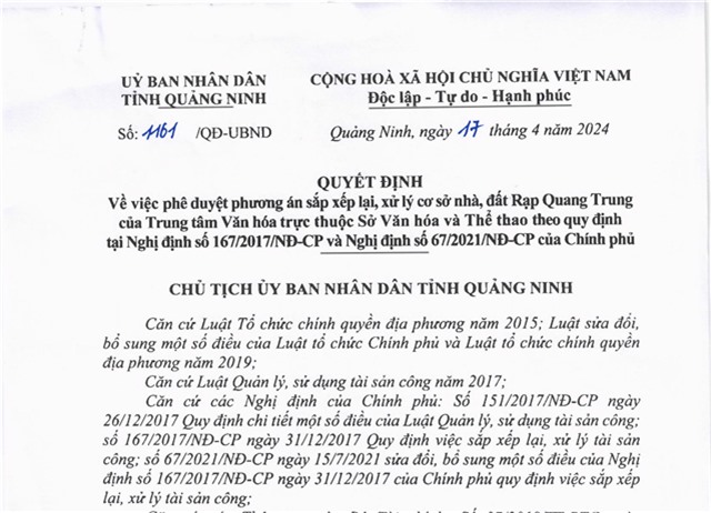 Quyết định về việc phê duyệt phương án sắp xếp lại, xử lý cơ sở nhà, đất Rạp Quang Trung của Trung tâm Văn hóa trực thuộc Sở Văn hóa và Thể thao theo quy định