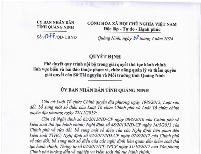 Phê duyệt quy trình nội bộ trong giải quyết thủ tục hành chính lĩnh vực biển và hải đảo thuộc phạm vi, chức năng quản lý và thẩm quyền giải quyết của Sở Tài Nguyên - Môi Trường tỉnh Quảng Ninh