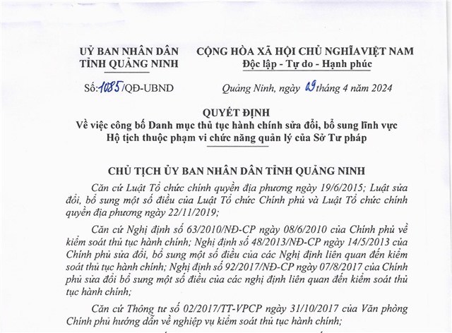 Công bố Danh mục thủ tục hành chính sửa đổi, bổ sung lĩnh vực hộ tịch thuộc phạm vi chức năng quản lý của Sở Tư pháp