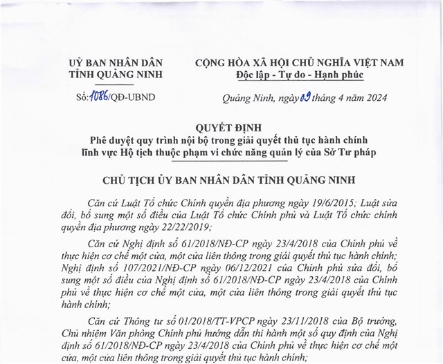 Phê duyệt quy trình nội bộ trong giải quyết thủ tục hành chính lĩnh vực hộ tịch thuộc phạm vi chức năng quản lý của Sở Tư pháp