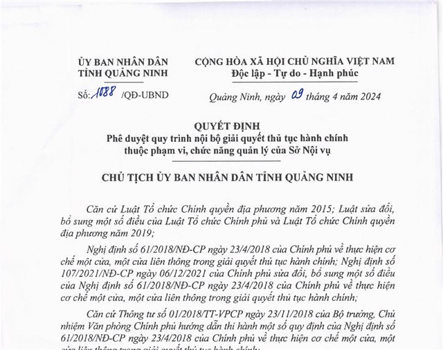 Phê duyệt quy trình nội bộ giải quyết thủ tục hành chính thuộc phạm vi, chức năng quản lý của Sở Nội vụ