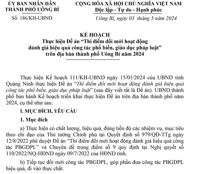 Kế hoạch Thực hiện Đề án “Thí điểm đổi mới hoạt động đánh giá hiệu quả công tác phổ biến, giáo dục pháp luật” trên địa bàn thành phố Uông Bí năm 2024