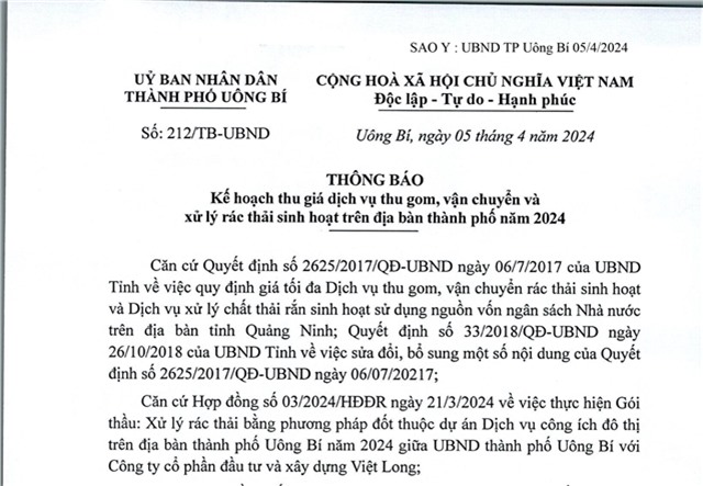 Thông báo kế hoạch thu giá dịch vụ thu gom, vận chuyển và xử lý rác thải sinh hoạt trên địa bàn thành phố năm 2024